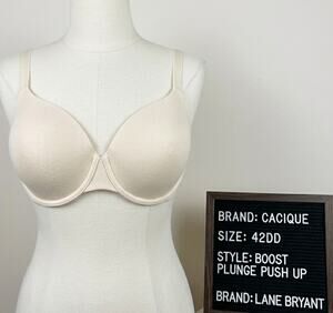 Cacique Bra Beige Cotton Bra 42DD Boost Plunge Push Up Lane Bryant Underwire